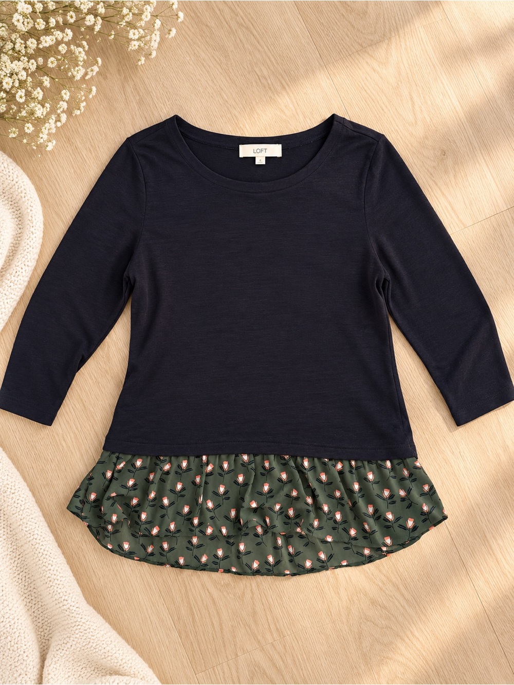 LOFT Navy Floral Mixed Media Layered Hem Top Size Large